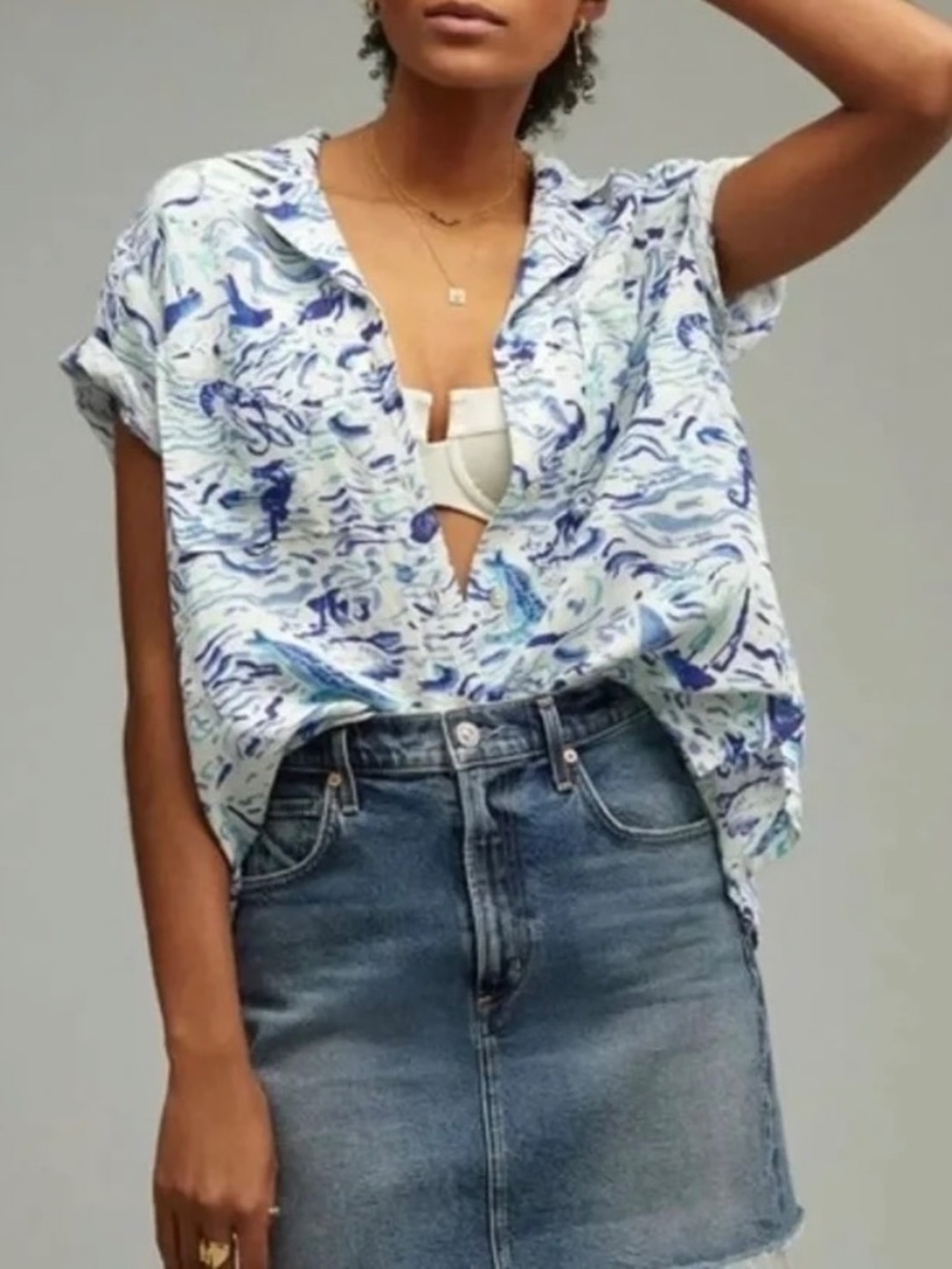 Maeve Anthropologie Linen Blend Split Back Button Front Surf Top Size S Blue